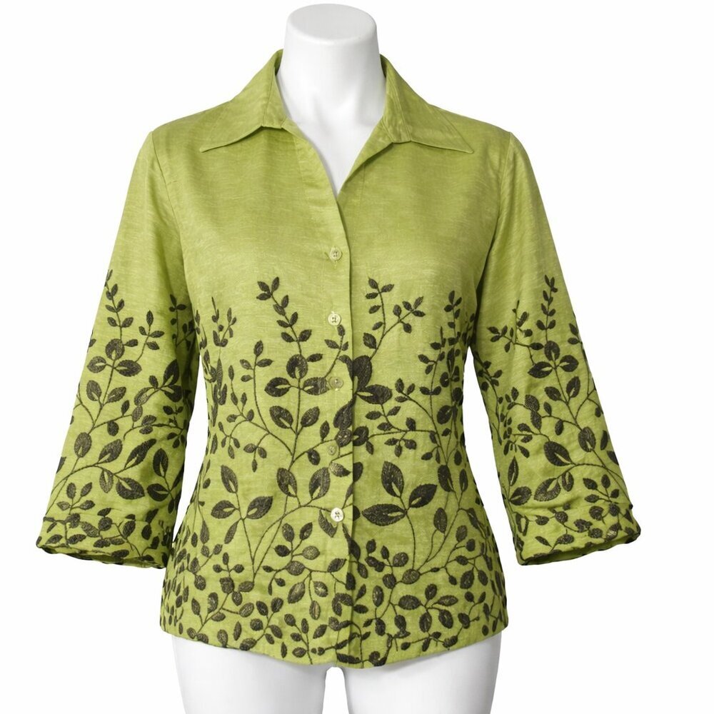 SILK LAND Green Black Embroidered Front Button Lined Top Size L